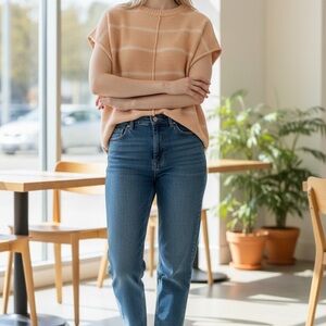 Peach and white stripe short sleeve sweater